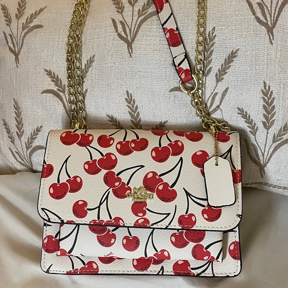 Coach Rare Red Cherry Shoulder Bag with Gold Chain and Coach Card Cherries Coach - Picture 1 of 11